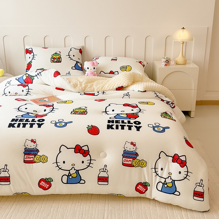 91家纺网 家纺一手货源 找家纺 米菲 2024新款卡通针织棉豆豆绒大豆冬被 可爱Kitty猫