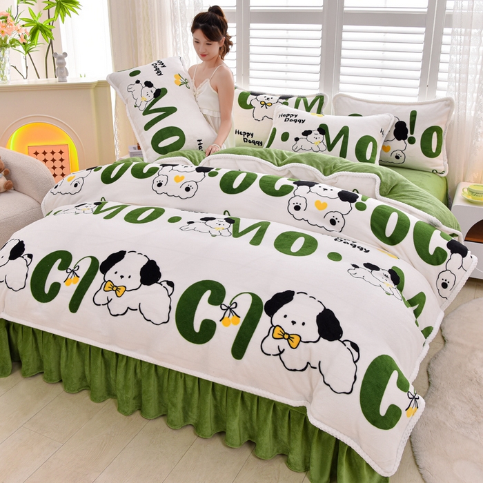 91家纺网 家纺一手货源 找家纺 梦莱情 2024新款190克7斤半牛奶绒四件套嗨皮狗