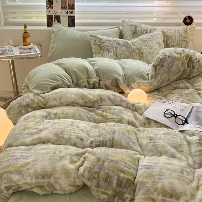 91家纺网 家纺一手货源 找家纺 金爱家 2024新款立体牛奶绒兔毛绒印花四件套 兔毛印花-纹理绿