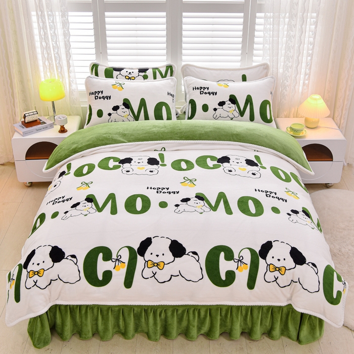 91家纺网 家纺一手货源 找家纺 梦莱情 2024新款190克7斤半牛奶绒四件套嗨皮狗