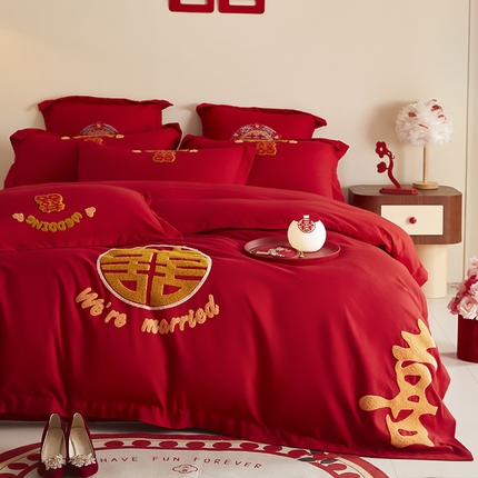 91家纺网 家纺一手货源 找家纺 （总）玉雅家纺 2025新款中式复古红黑格调刺绣婚庆四件套