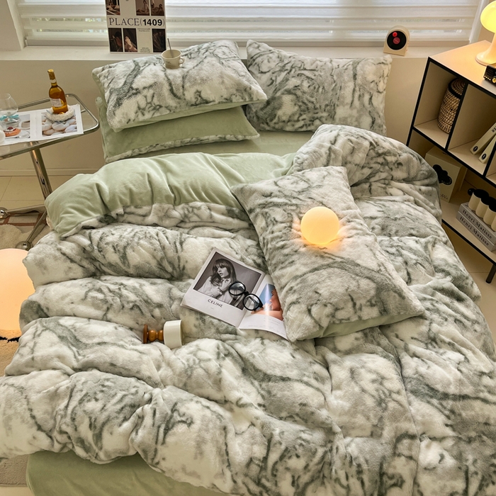 91家纺网 家纺一手货源 找家纺 金爱家 2024新款立体牛奶绒兔毛绒印花四件套 兔毛印花-大理石绿