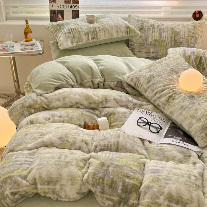 91家纺网 家纺一手货源 找家纺 金爱家 2024新款立体牛奶绒兔毛绒印花四件套 兔毛印花-纹理绿