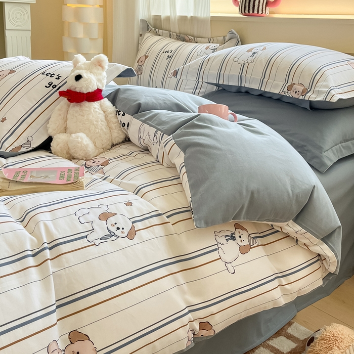 91家纺网 家纺一手货源 找家纺 涵宸家纺 2024新款加厚全棉磨毛印花四件套--罗马系列 A趣味小狗