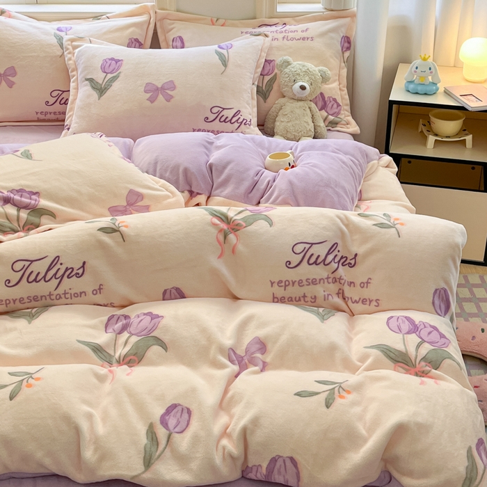 91家纺网 家纺一手货源 找家纺 沐慕 2024新款200g加厚牛奶绒四件套 紫色郁金香