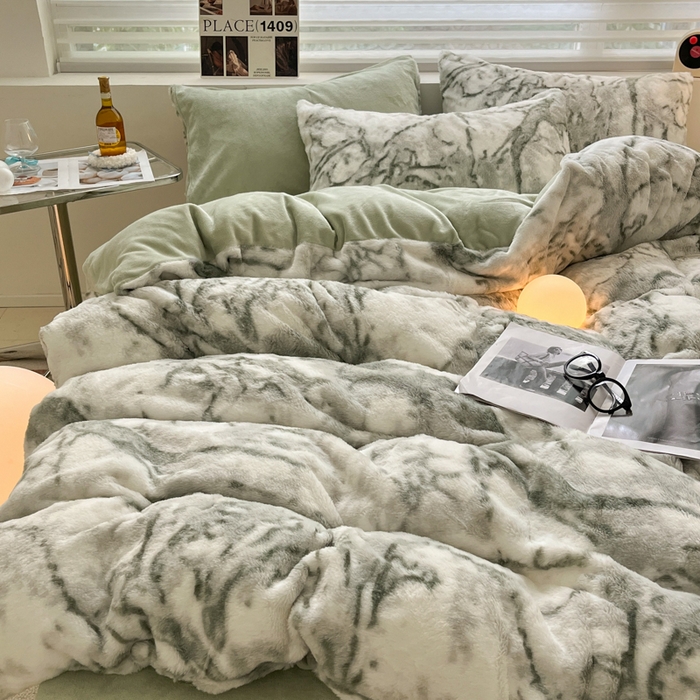 91家纺网 家纺一手货源 找家纺 金爱家 2024新款立体牛奶绒兔毛绒印花四件套 兔毛印花-大理石绿