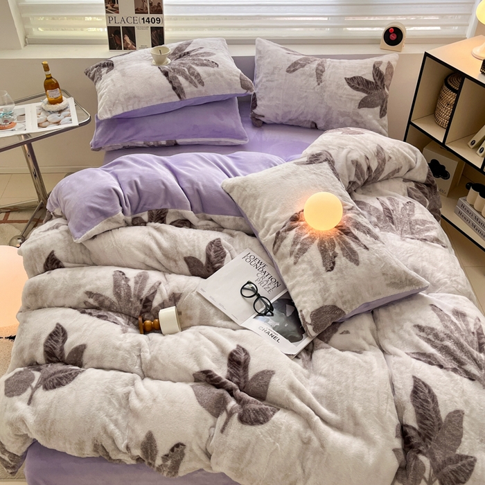 91家纺网 家纺一手货源 找家纺 金爱家 2024新款立体牛奶绒兔毛绒印花四件套 兔毛印花-树叶