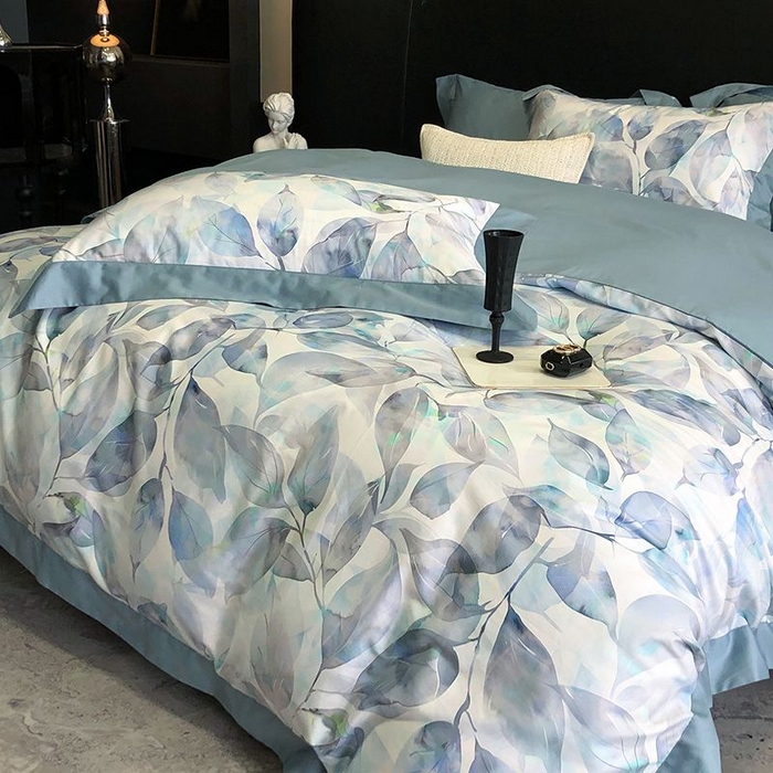 91家纺网 家纺一手货源 找家纺 金麦家纺 2024新款全棉数码印花四件套系列 蓝汐