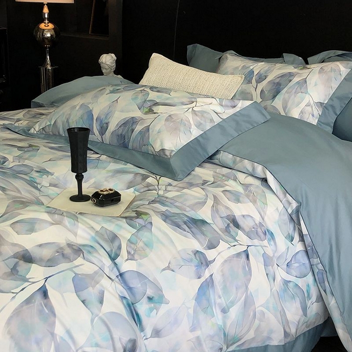 91家纺网 家纺一手货源 找家纺 金麦家纺 2024新款全棉数码印花四件套系列 蓝汐