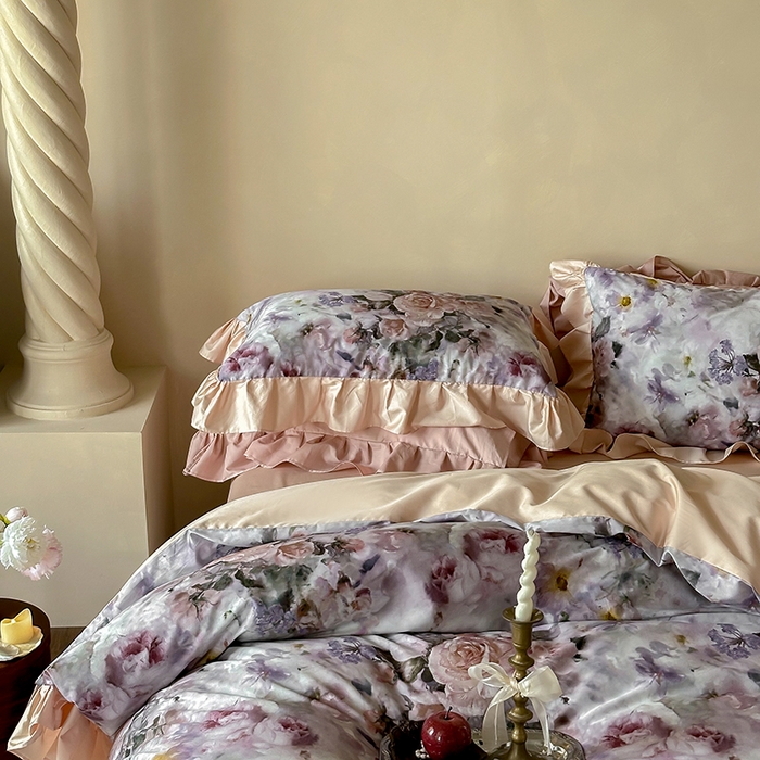 91家纺网 家纺一手货源 找家纺 窝米 2024新款100支数码长绒棉花边工艺款四件套-璐菲 璐菲-雪灰