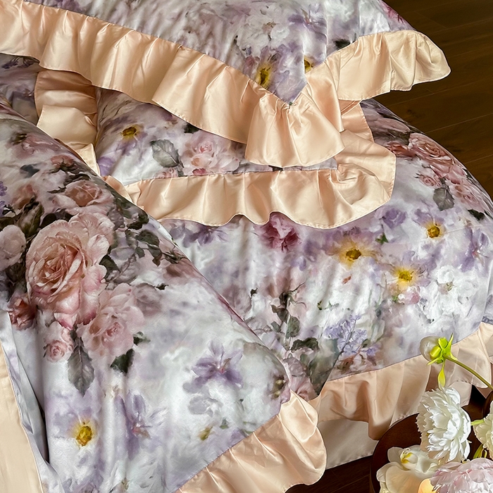 91家纺网 家纺一手货源 找家纺 窝米 2024新款100支数码长绒棉花边工艺款四件套-璐菲 璐菲-雪灰