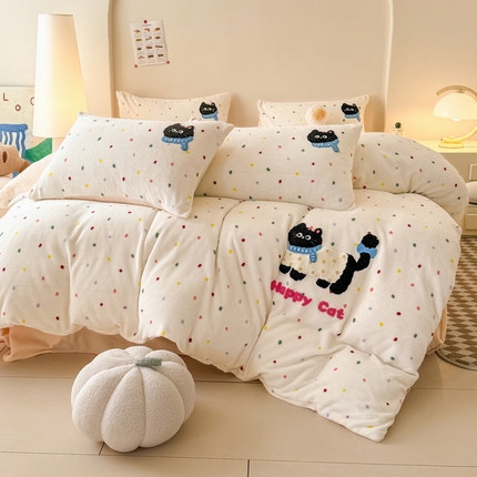 耀达家居 2024新款ins多巴胺毛巾绣牛奶绒四件套 喵星人-彩色波点