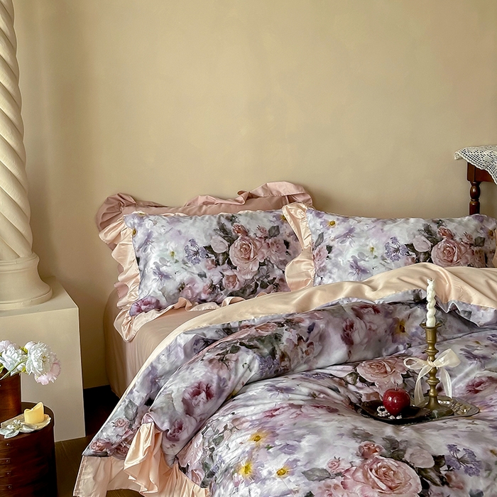 91家纺网 家纺一手货源 找家纺 窝米 2024新款100支数码长绒棉花边工艺款四件套-璐菲 璐菲-雪灰