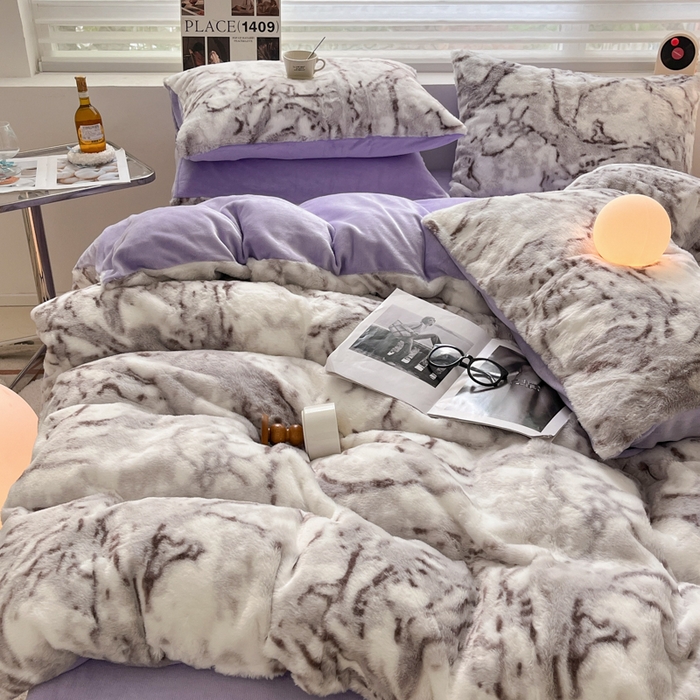 91家纺网 家纺一手货源 找家纺 金爱家 2024新款立体牛奶绒兔毛绒印花四件套 兔毛印花-大理石灰咖