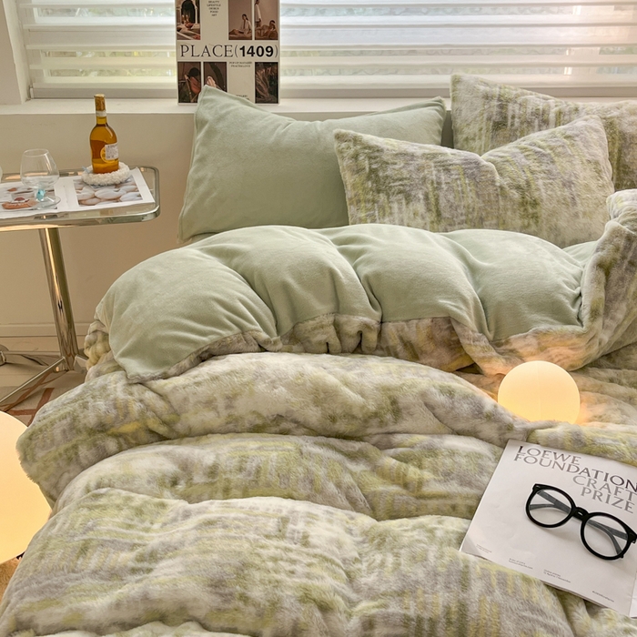 91家纺网 家纺一手货源 找家纺 金爱家 2024新款立体牛奶绒兔毛绒印花四件套 兔毛印花-纹理绿