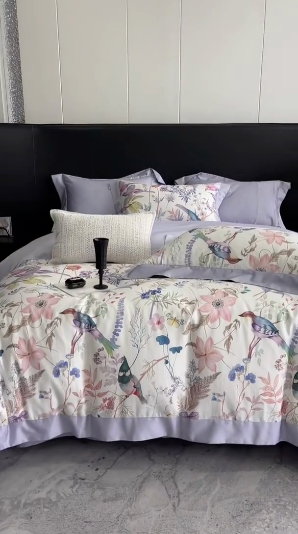 91家纺网 家纺一手货源 找家纺 金麦家纺 2024新款全棉数码印花四件套系列 鸟语花香