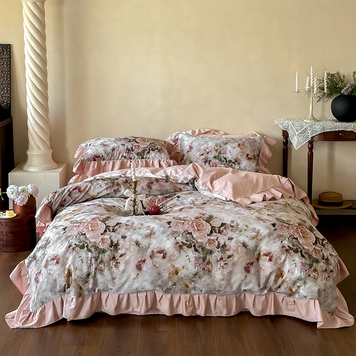 91家纺网 家纺一手货源 找家纺 窝米 2024新款100支数码长绒棉花边工艺款四件套-璐菲 璐菲-古巴纱色