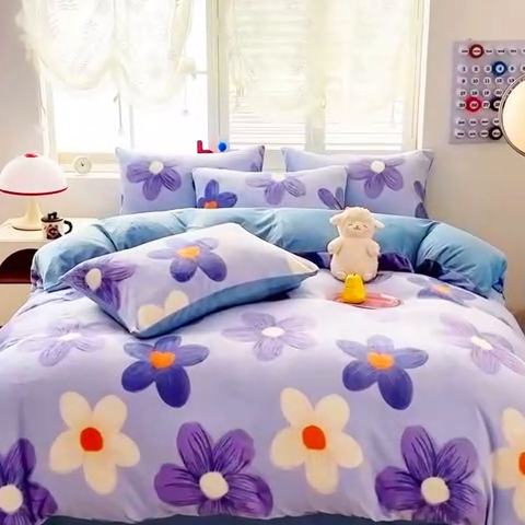 91家纺网 家纺一手货源 找家纺 梵克保罗 2024秋冬印花卡通轻奢纯色牛奶绒单品四件套 浪漫花语