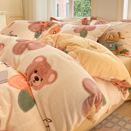 沐慕 2024新款200g加厚牛奶绒四件套 棕熊花