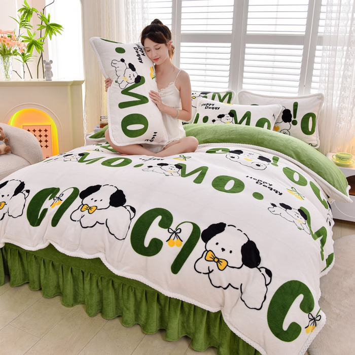 91家纺网 家纺一手货源 找家纺 梦莱情 2024新款190克7斤半牛奶绒四件套嗨皮狗