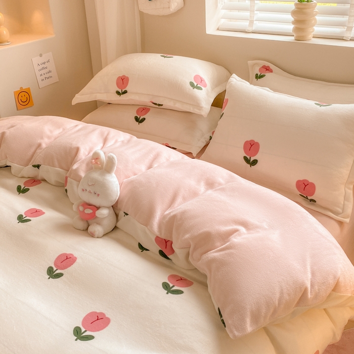 91家纺网 家纺一手货源 找家纺 沐慕 2024新款200g加厚牛奶绒四件套 郁金香