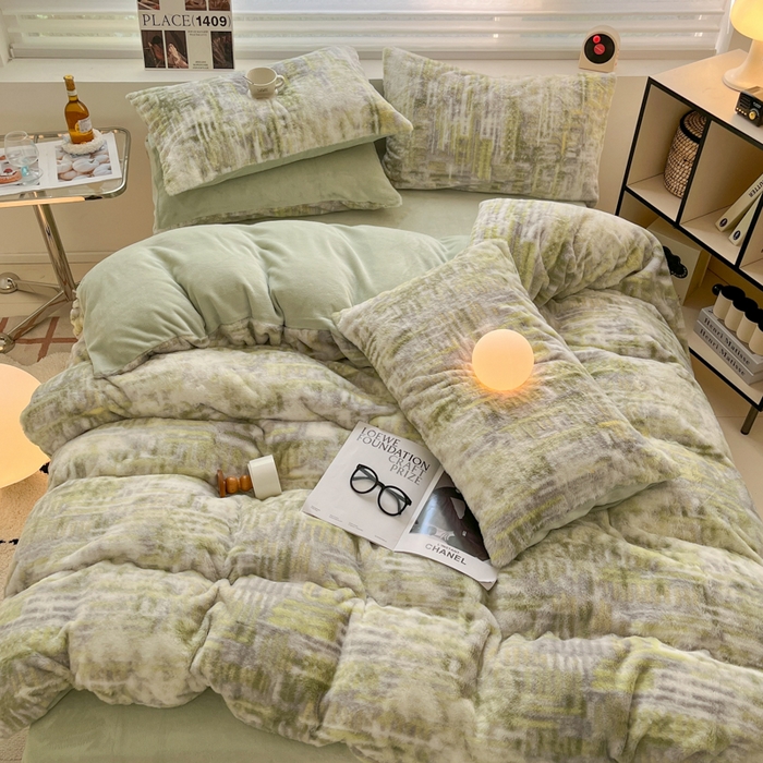 91家纺网 家纺一手货源 找家纺 金爱家 2024新款立体牛奶绒兔毛绒印花四件套 兔毛印花-纹理绿