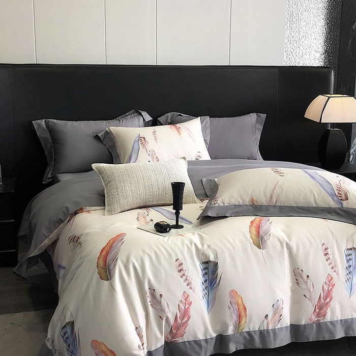 91家纺网 家纺一手货源 找家纺 金麦家纺 2024新款全棉数码印花四件套系列 羽叶