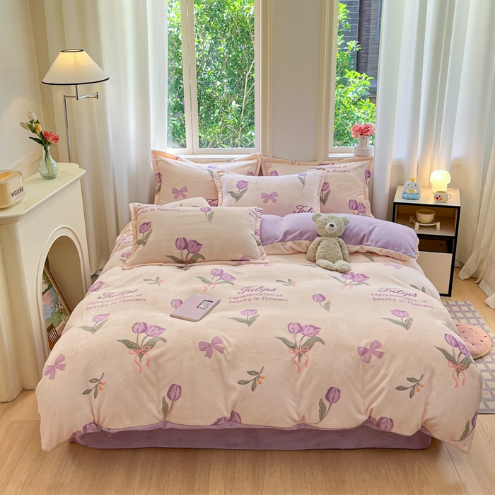 91家纺网 家纺一手货源 找家纺 沐慕 2024新款200g加厚牛奶绒四件套 紫色郁金香