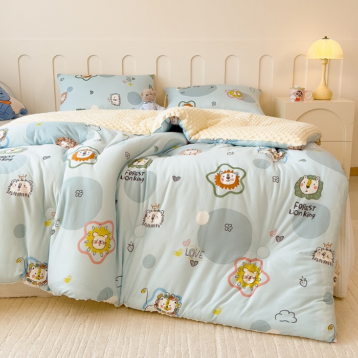 91家纺网 家纺一手货源 找家纺 米菲 2024新款卡通针织棉豆豆绒大豆冬被 开心派对