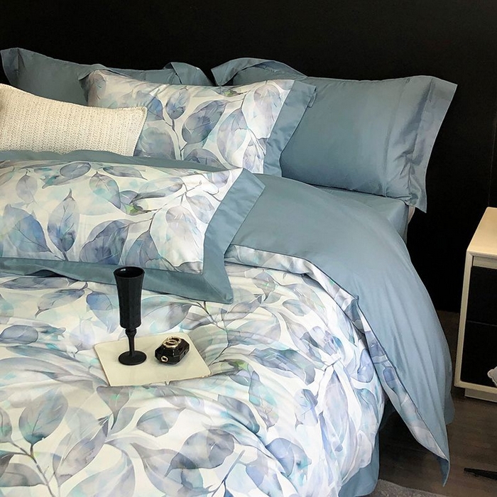 91家纺网 家纺一手货源 找家纺 金麦家纺 2024新款全棉数码印花四件套系列 蓝汐