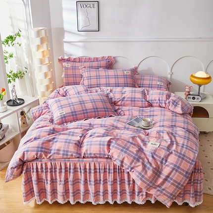 91家纺网 家纺一手货源 找家纺 缦彩 2024新款全棉纯棉夹棉床笠式床裙四件套 扶摇粉