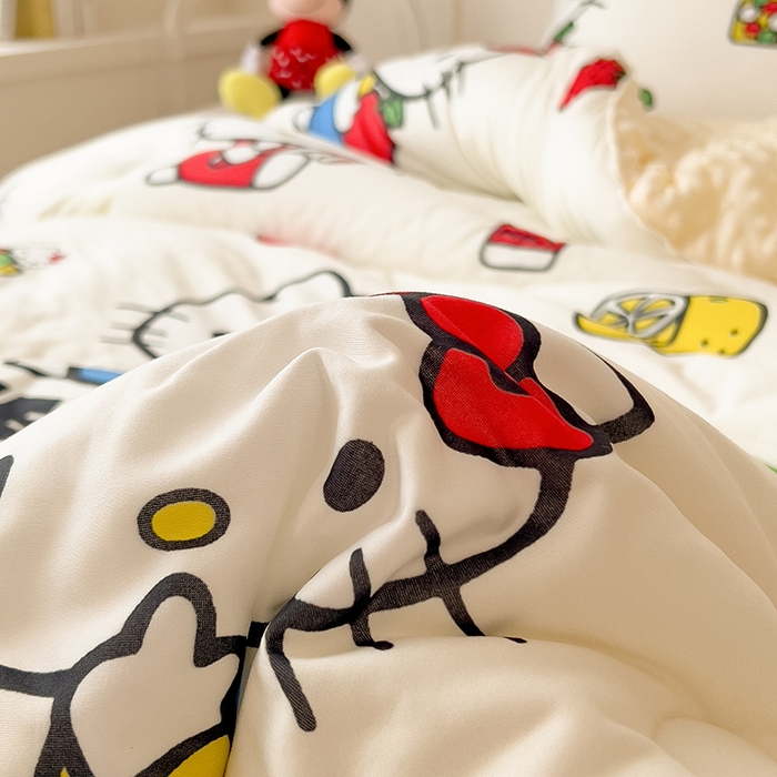 91家纺网 家纺一手货源 找家纺 米菲 2024新款卡通针织棉豆豆绒大豆冬被 可爱Kitty猫