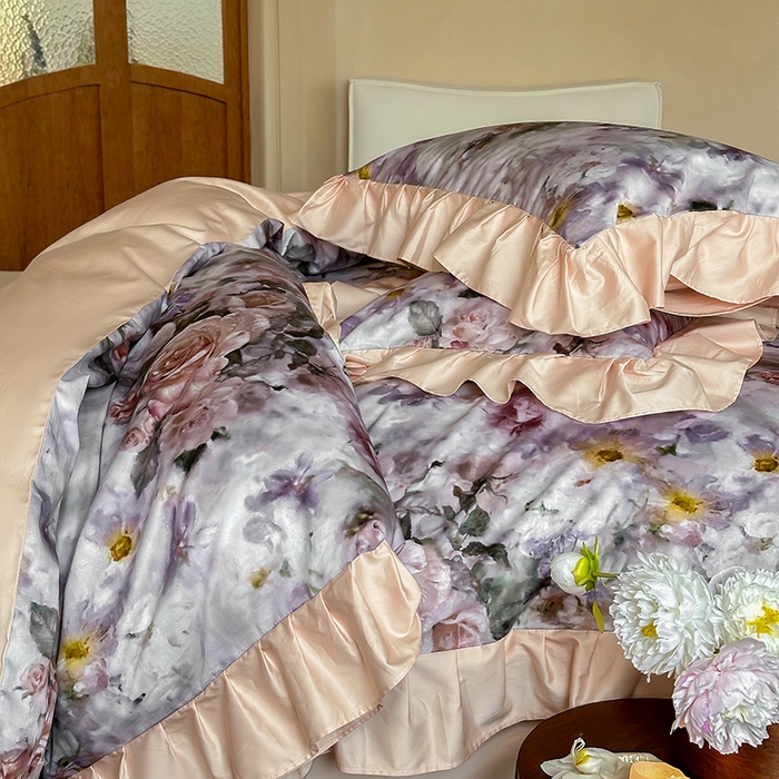 91家纺网 家纺一手货源 找家纺 窝米 2024新款100支数码长绒棉花边工艺款四件套-璐菲 璐菲-雪灰