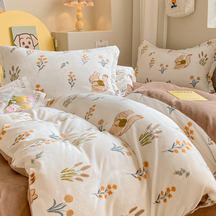 91家纺网 家纺一手货源 找家纺 沐慕 2024新款200g加厚牛奶绒四件套 田园松鼠