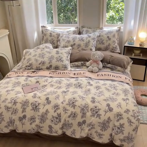 91家纺网 家纺一手货源 找家纺 沐慕 2024新款200g加厚牛奶绒四件套 花艺