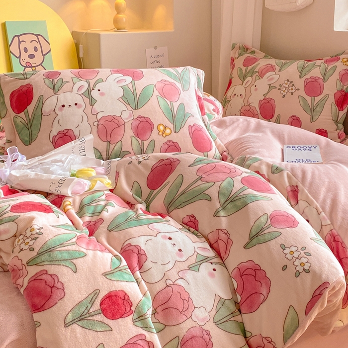 91家纺网 家纺一手货源 找家纺 沐慕 2024新款200g加厚牛奶绒四件套 莫奈花园