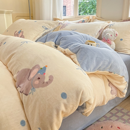 91家纺网 家纺一手货源 找家纺 沐慕 2024新款200g加厚牛奶绒四件套 可爱小象