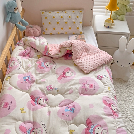 沁童儿童用品店 2024新款水洗双层纱儿童豆豆被被子被芯 粉色兔子