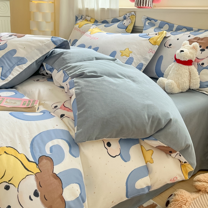 91家纺网 家纺一手货源 找家纺 涵宸家纺 2024新款加厚全棉磨毛印花四件套--罗马系列 A字母小狗