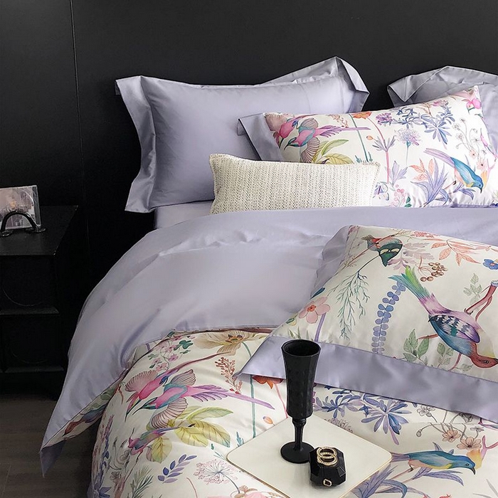 91家纺网 家纺一手货源 找家纺 金麦家纺 2024新款全棉数码印花四件套系列 鸟语花香