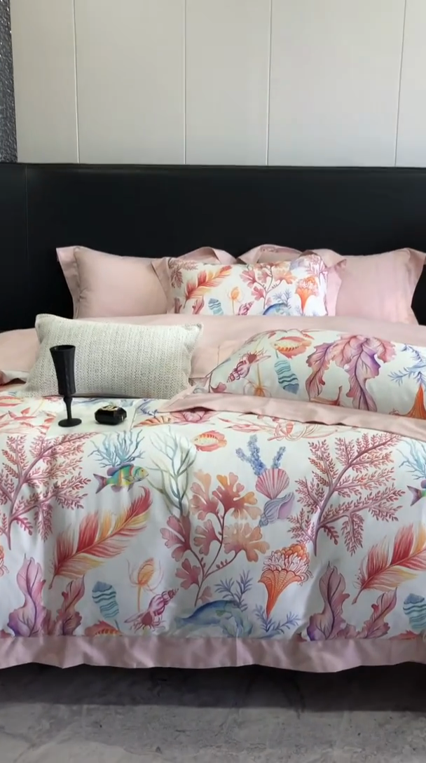 91家纺网 家纺一手货源 找家纺 金麦家纺 2024新款全棉数码印花四件套系列 梦田