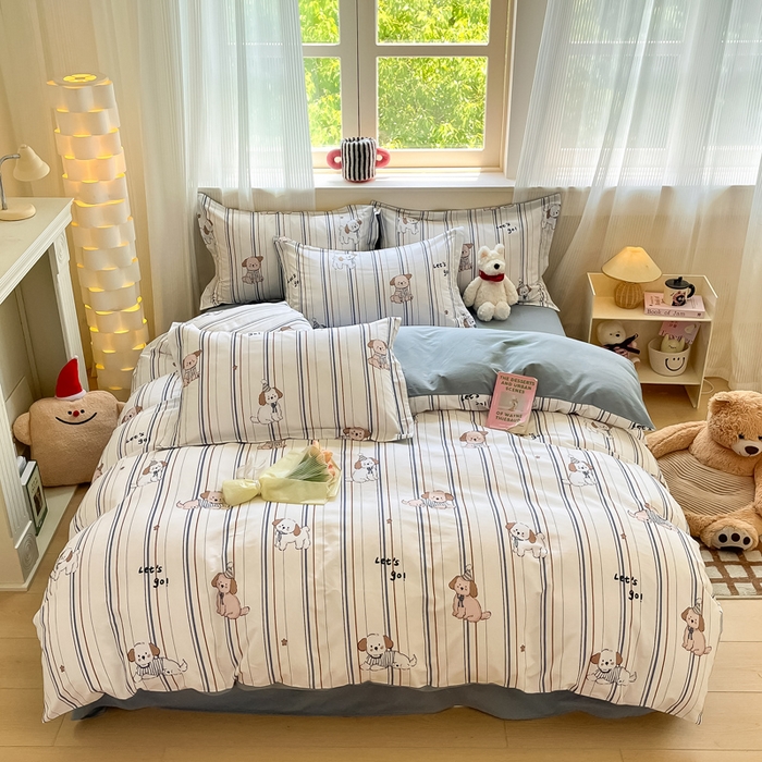 91家纺网 家纺一手货源 找家纺 涵宸家纺 2024新款加厚全棉磨毛印花四件套--罗马系列 A趣味小狗