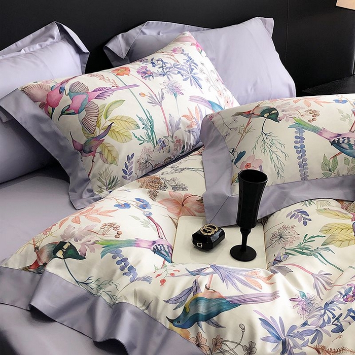 91家纺网 家纺一手货源 找家纺 金麦家纺 2024新款全棉数码印花四件套系列 鸟语花香