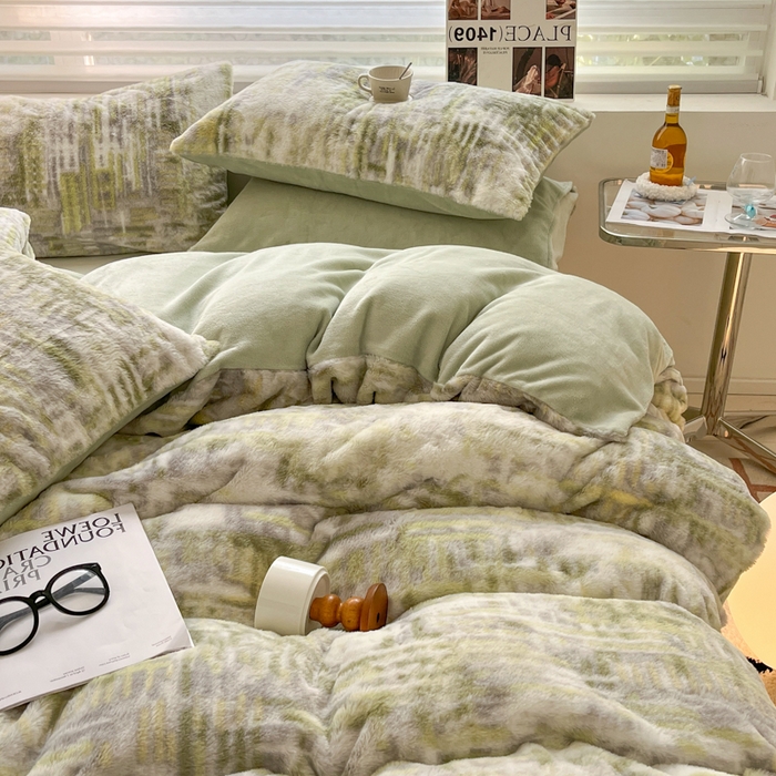 91家纺网 家纺一手货源 找家纺 金爱家 2024新款立体牛奶绒兔毛绒印花四件套 兔毛印花-纹理绿