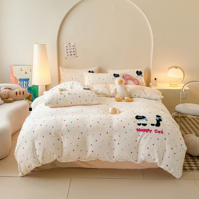 91家纺网 家纺一手货源 找家纺 耀达家居 2024新款ins多巴胺毛巾绣牛奶绒四件套 喵星人-彩色波点