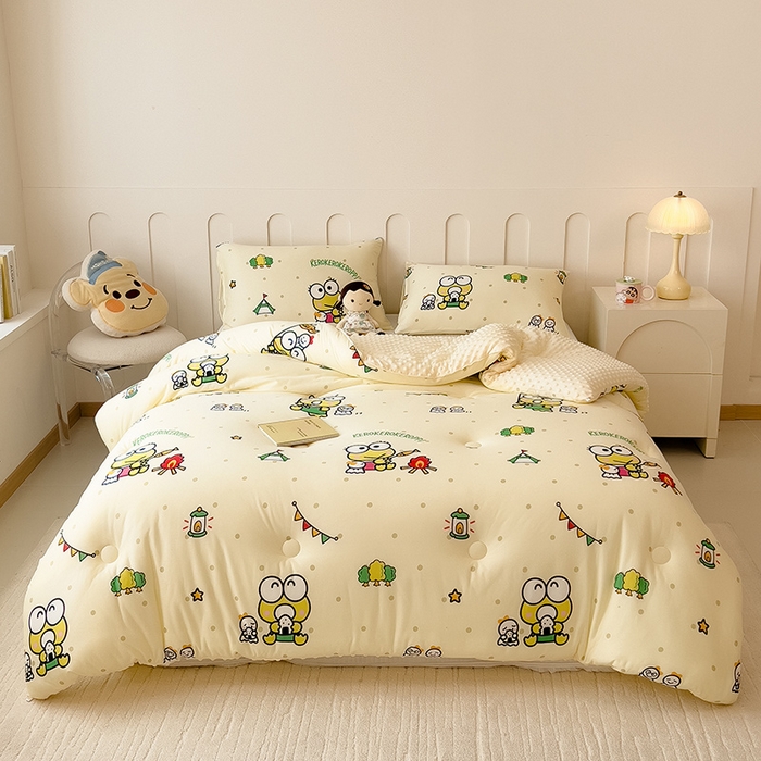 91家纺网 家纺一手货源 找家纺 米菲 2024新款卡通针织棉豆豆绒大豆冬被 大眼娃