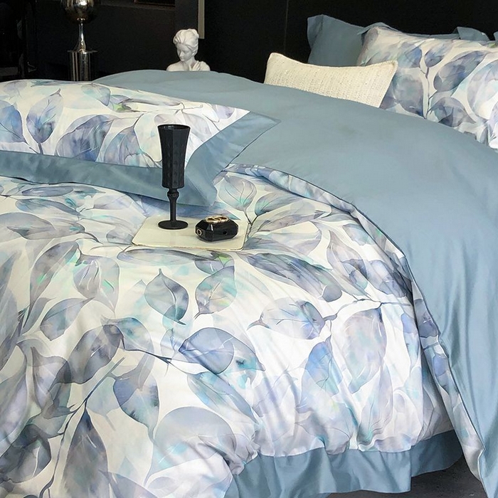 91家纺网 家纺一手货源 找家纺 金麦家纺 2024新款全棉数码印花四件套系列 蓝汐