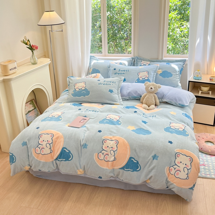 91家纺网 家纺一手货源 找家纺 沐慕 2024新款200g加厚牛奶绒四件套 晚安熊