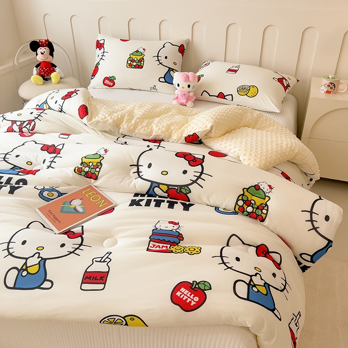 91家纺网 家纺一手货源 找家纺 米菲 2024新款卡通针织棉豆豆绒大豆冬被 可爱Kitty猫