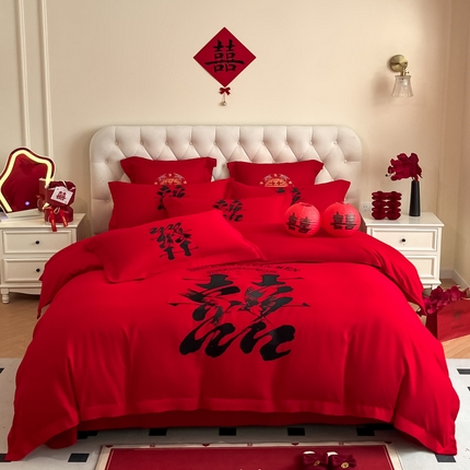 91家纺网 家纺一手货源 找家纺 （总）玉雅家纺 2025新款中式复古红黑格调刺绣婚庆四件套